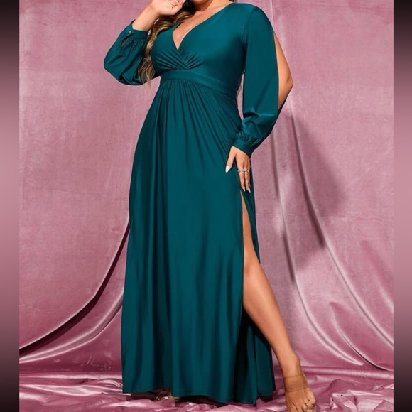 Luxe plus size bishop sleeve slit thigh party formal evening prom wedding dress - Picture 6 of 6